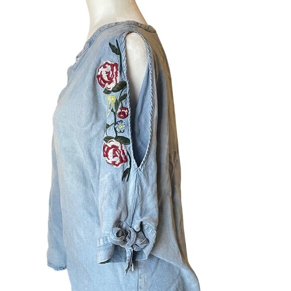 Velvet Heart Embroidered Blouse Floral Chambray Tie Sleeve Peasant Boho - Picture 1 of 9